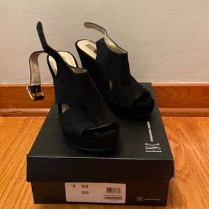 INC black suede wedge heel sandal 7M